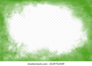 Green realistic clouds around the horizontal ractangular frame with empty oval space in the middle. Vector cloudiness isolated on transparent background.