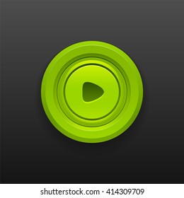 Green realistic detailed Play button. Isolated on black background. With space for text. Vector illustration.