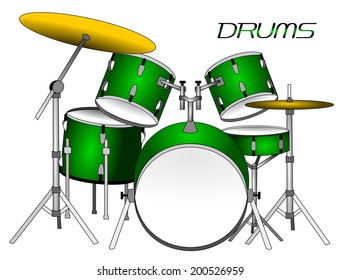 Green realistic drums set with gold cymbal, vector art image illustration, isolated on white background, eps10