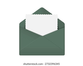 Green realistic envelope with paper blank card. Vector illustration of paper sheet in envelope