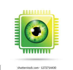 green realistic eyeball on a microchip 