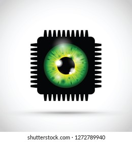 green realistic eyeball on a microchip 