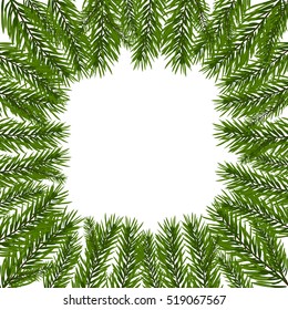 Green, realistic fir branches. Spruce branch in a circle. Isolated on white background. Christmas vector illustration