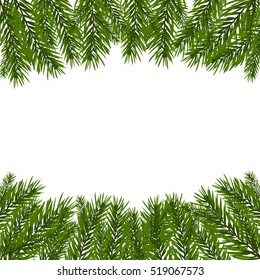 Green, realistic fir branches. Fir branches with the top and bottom of the picture. Isolated on white background. Christmas vector illustration