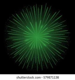 Green realistic fireworks on the black background, Vector illustration