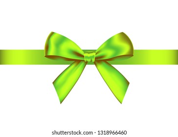 Green  realistic gift bow with horizontal  ribbon isolated on white background. Vector holiday design element  for banner, greeting card, poster.