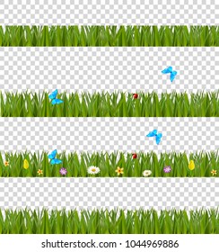 Green realistic grass borders set with colorful flowers and butterflies isolated on transparent background. Spring or summer vector kit, template, clip art, frame, elements for creating design.