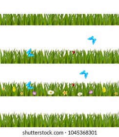 Green realistic grass borders set with colorful flowers and butterflies isolated on white background. Spring or summer vector kit, template, clip art, frame, elements for creating design.