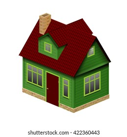 Green realistic house in perspective geometry view isolated on white. Vector illustration
