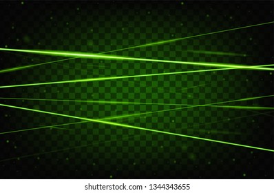 Green realistic laser beam background. Laser rays iolated on transparent background. Modern style abstract. Bright shiny lasers pattern. Vector illustration