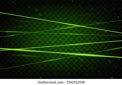 Green realistic laser beam background. Laser rays iolated on transparent background. Modern style abstract. Bright shiny lasers pattern. Vector illustration