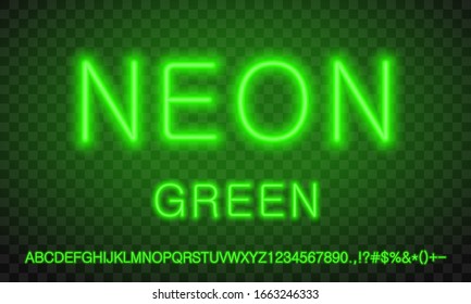 green realistic neon font set. collection of vector letters numerals signs symbols icons. graphic advertisement web design