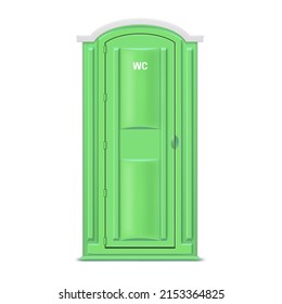 Green realistic portable dry bio toilet template vector illustration. Chemical facility hygiene WC lavatory public outside plastic street washroom isolated. Movable freestanding sanitary cabin