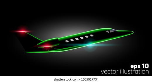 green Realistic private jet business class aircraft in the night Flies