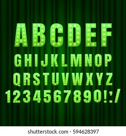 Green Realistic retro gold lamp font letters. Broadway style light bulb alphabet in vintage casino and slots style.  Vector shine symbols with light and sparkles on curtains background show style