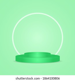 Green realistic round podium, cylinder background. Colorful abstract 3D pedestal for product presentation or stage award. Vector illustration.