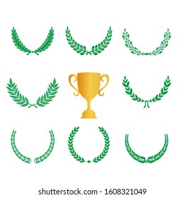 Green Realistic Set of Circular Laurel, crown drawing award, achievement, heraldry.