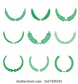 Green Realistic Set of Circular Laurel, crown drawing award, achievement, heraldry.