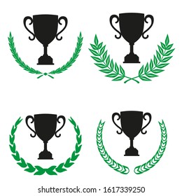 Green Realistic Set of Circular Laurel, crown drawing award, achievement, heraldry.