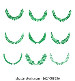 Green Realistic Set of Circular Laurel, crown drawing award, achievement, heraldry.