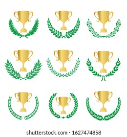 Green Realistic Set of Circular Laurel, crown drawing award, achievement, heraldry.