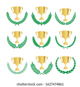 Green Realistic Set of Circular Laurel, crown drawing award, achievement, heraldry.