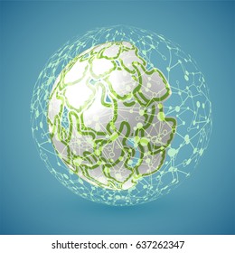 Green realistic shaded 'like' globe with connections, vector illustration
