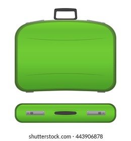 Green realistic suitcase with shadows in two projections, isolated on white background. Plastic or leather modern travel bag. Baggage for tourists on vacations. Stock vector illustration.