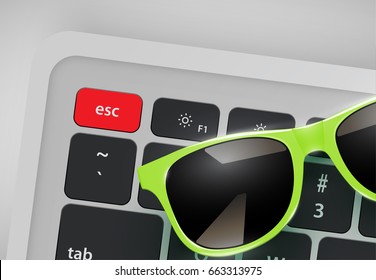 Green realistic sunglasses on desk with keyboard with 'Esc' key highlighted, vector illustration