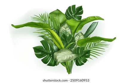 Folhas tropicais realistas verdes cacho com monstera e palmeira, orelha de elefante e cana de açúcar, folhagem de dieffenbachia. Composição exótica do arranjo de buquê de vegetação tropical para o projeto da selva de verão.