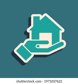 Green Realtor icon isolated on green background. Buying house. Long shadow style. Vector