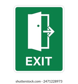 Green rectangle exit sign, with arrow toward opened door illustration