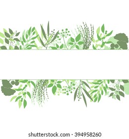 Green rectangle frame with collection of plants. Silhouette of branches isolated on white background