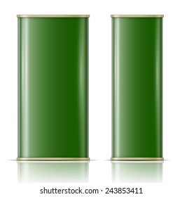 Green rectanglular oil can: front and side view. Vector illustration. Packaging collection.