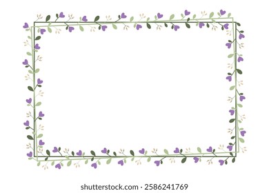 Green Rectangular Border Frame With Purple Love Flowers And Green Leaves