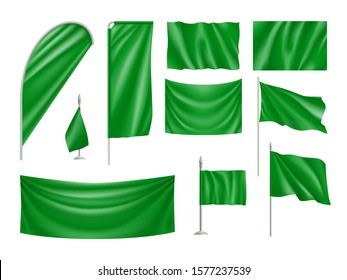 Green rectangular flag set isolated on white background. Realistic wavy flag on pole, expo banner, drop and desk flag mockups. Product branding, advertising and promotion equipment vector illustration