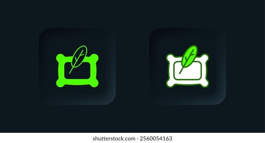 Green Rectangular pillow icon isolated on black background. Cushion sign. Orthopedic pillow. Black square button. Vector