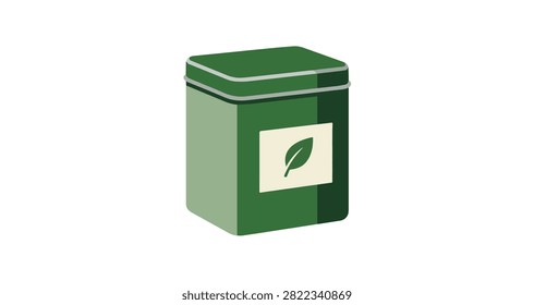 green rectangular tin container with green leaf logo on white label simple modern eco friendly packaging suitable for storage and gifting use