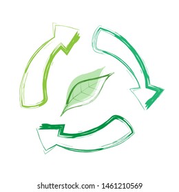 Green recycle arrows symbol, flat vector icon isolated on a white background with a leaf in the middle