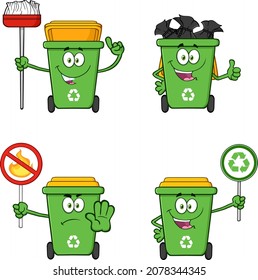 Green Recycle Bin Cartoon Character. Vector Collection Set Isolated On White Background