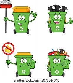 Green Recycle Bin Cartoon Character. Vector Collection Set Isolated On White Background