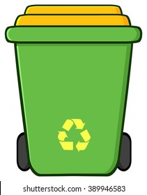 Green Recycle Bin Cartoon. Vector Illustration Isolated On White Background