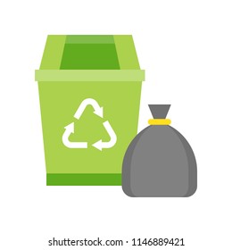 Green Recycle bin and garbage bag, cleaning and laundry service related flat icon set