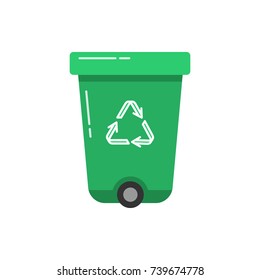 Green recycle bin icon in flat style. Trash can with recycling symbol arrows isolated on white background.