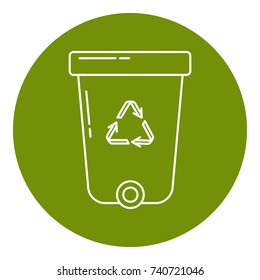 Green recycle bin icon in thin line style. Trash can with recycling symbol arrows in round frame.