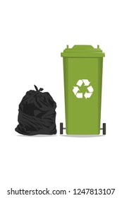 Green recycle bin with recycle symbol and Black plastic bag