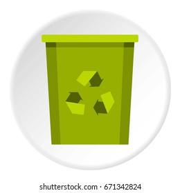 Green recycle bin with recycle symbol icon in flat circle isolated vector illustration for web