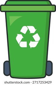 Papelera de reciclaje verde con el ícono de las ruedas, Vector mínimo plano, gestión de residuos