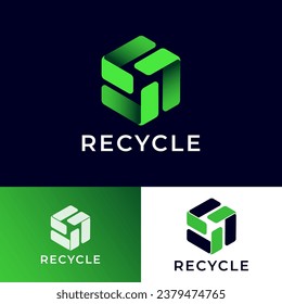 Green Recycle Box icon. Hexagon shape like green box. Symbol of cycle consists of green ribbons or paper strips. 