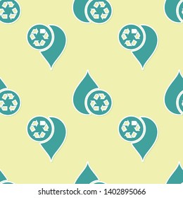 Green Recycle clean aqua icon isolated seamless pattern on yellow background. Drop of water with sign recycling. Vector Illustration